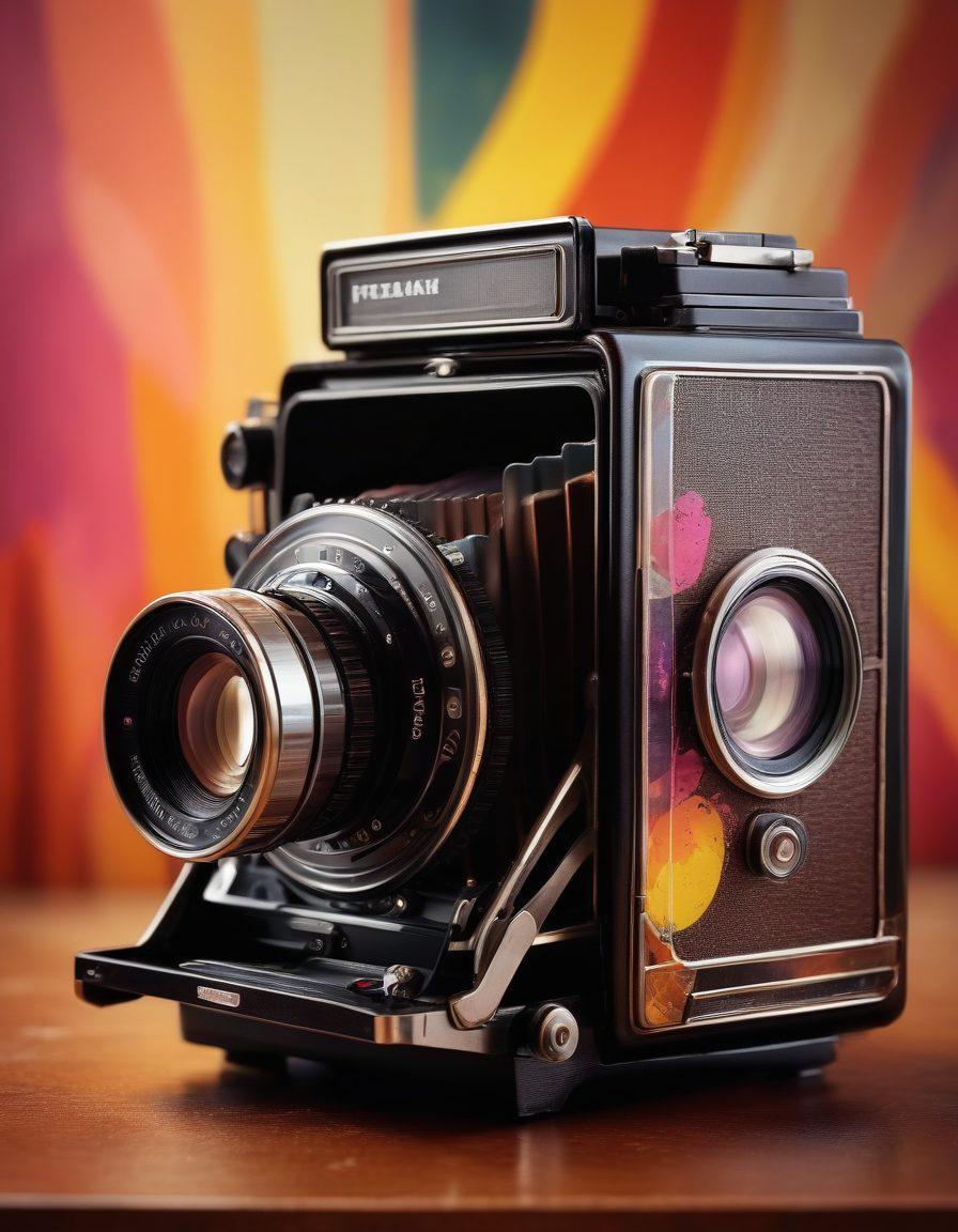 A dramatic close-up of a film camera capturing a vibrant and colorful adult scene, with a focus on artistic lighting and textures. The background features abstract shapes representing modern digital media and creative expression. Elements of sensuality are subtly portrayed without explicit imagery, conveying an artistic vibe. Overall, the composition balances elegance and allure. vibrant colors. super-realistic.